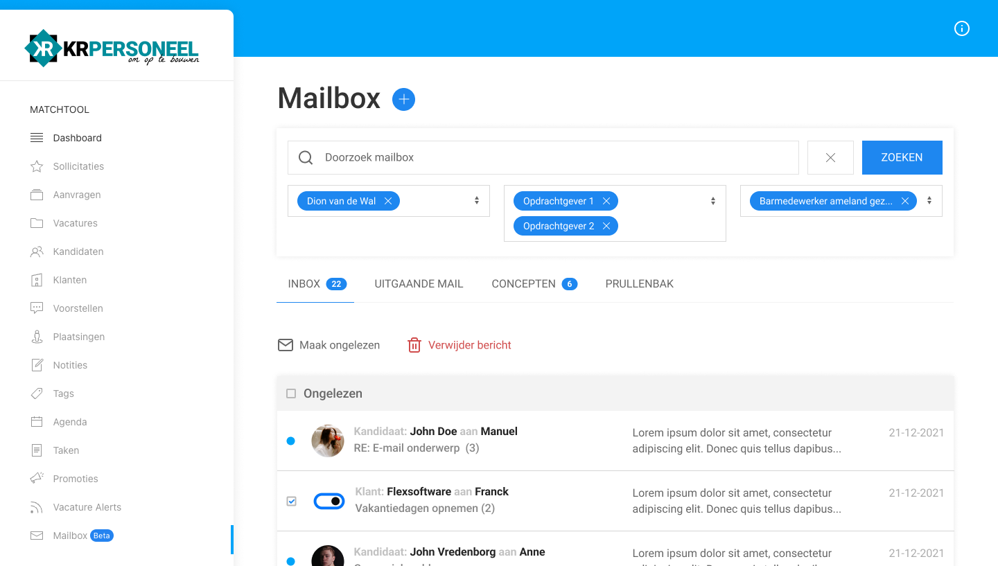 Mailen binnen Uitzendplaats