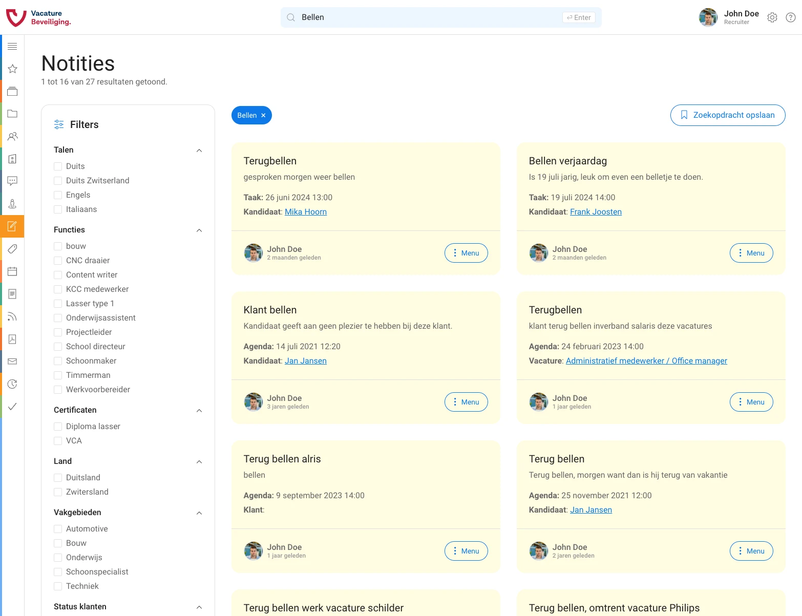 Notities Uitzendplaats Recruitment Software